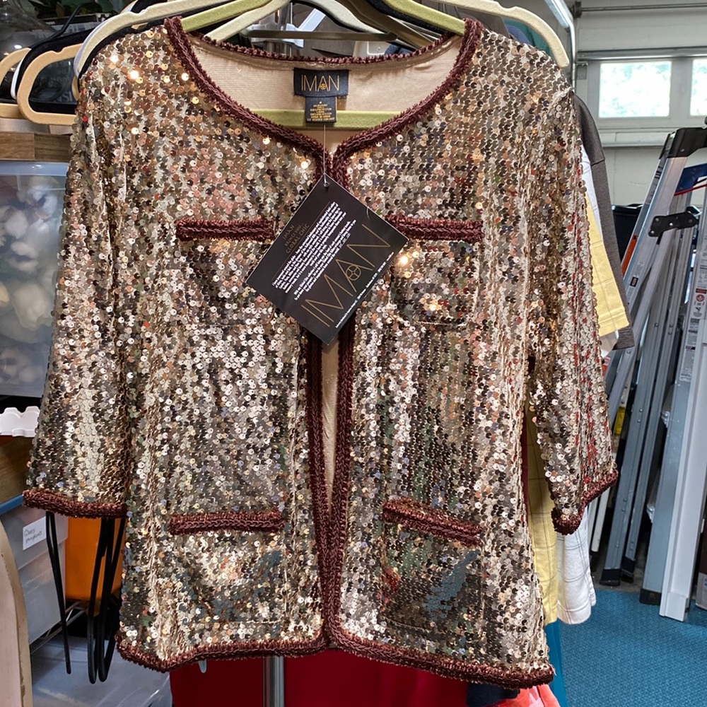 IMAN Global Chic Gold Sequin Jacket w/brown trim- Size Small- NWT
